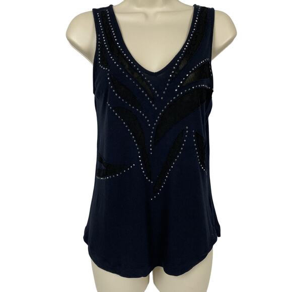 Express Tank Top Women Small Blue Black Embellished Studded Lace Cutout Boho Y2K - Picture 1 of 11